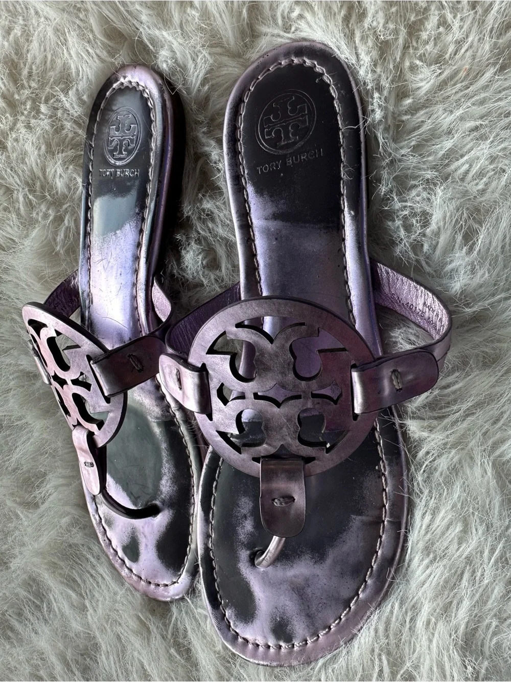 Tory Burch metallic Purple Miller Logo Thong Sandals eggplant patent leathe